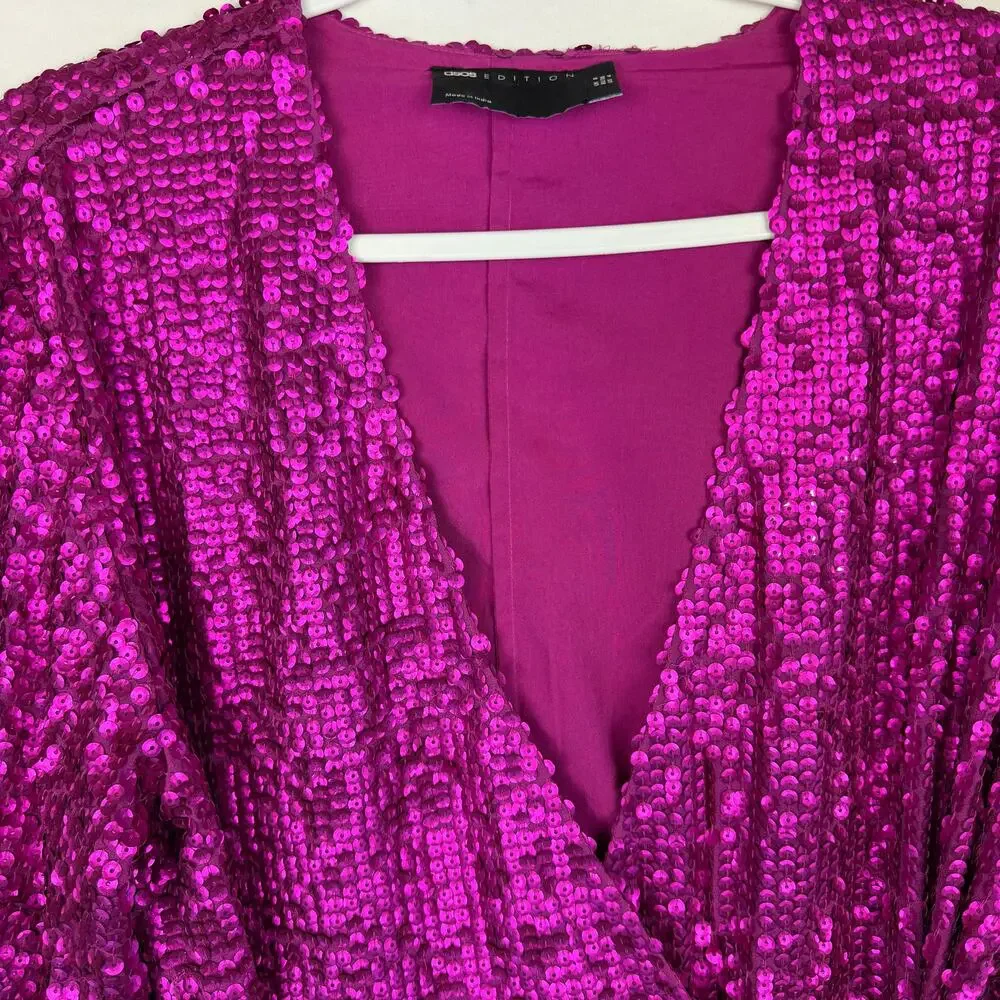 ASOS EDITION Sequin Wrap Mini Dress Womens Size 4 Magenta Pink Party Holiday